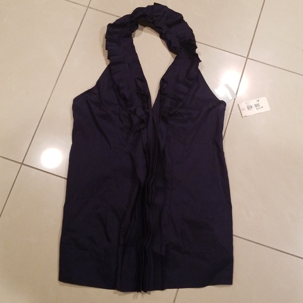 Pleated and Ruffled Navy Halter Top